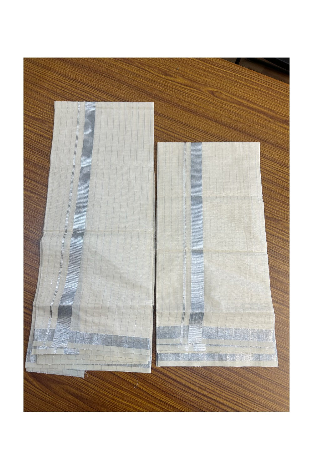 25% Discount!! KaithariKada - Kerala Pure Cotton OFF WHITE Single Set Mundu - EXTRA LENGTH - Stripes Silver Kasavu Kara - 2KK5152PMC