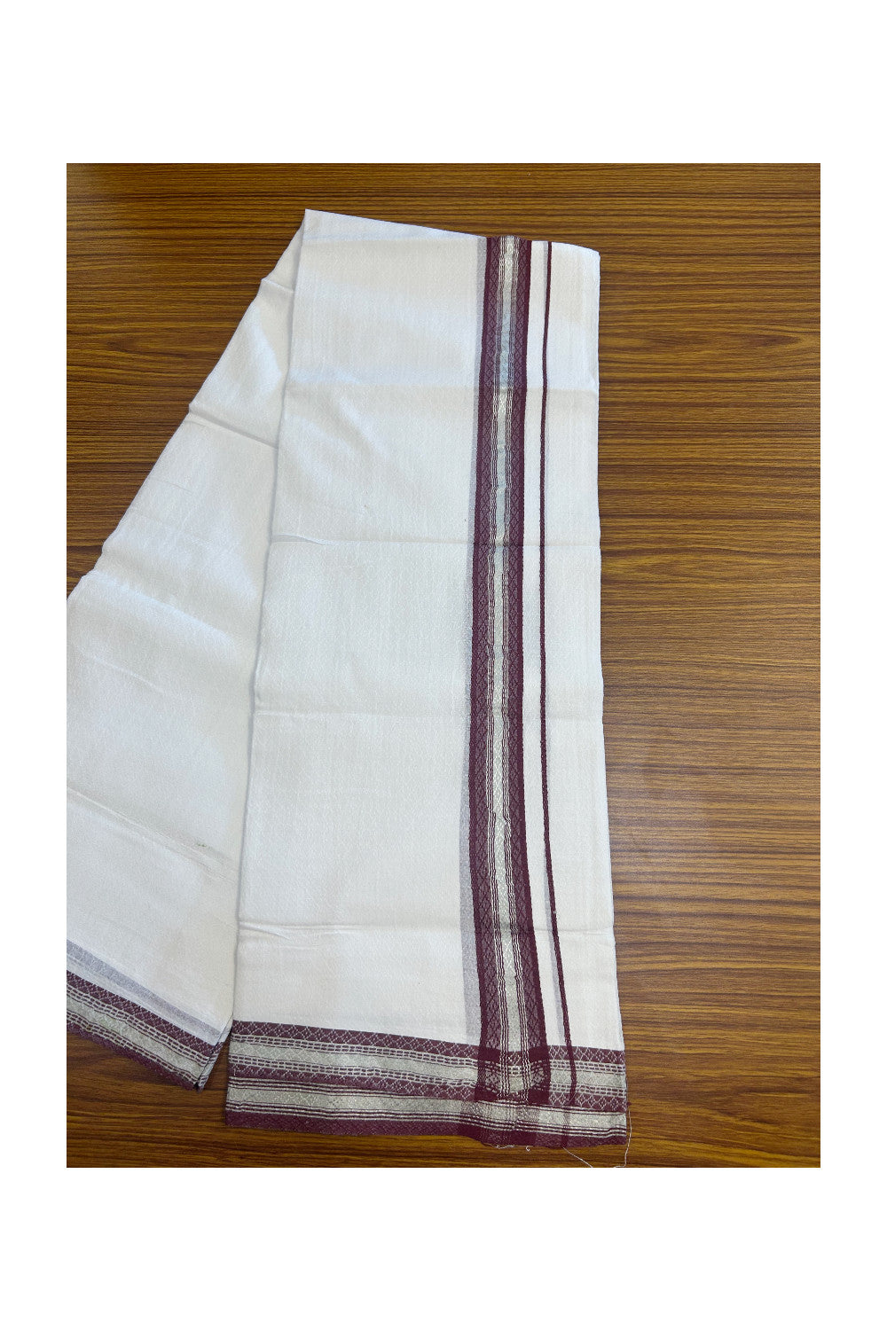 EMBOSSED COTTON 33% DISCOUNT!! Kaitharikada Balaramapuram 100% Cotton PURE WHITE Double Mundu/Dothi - 100X80 - 1.25 Inch Wine Purple Silver striped Kara with embossed design body - 2KK5155THI