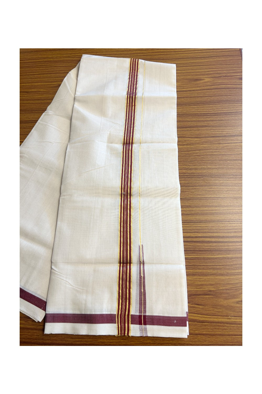 25% DISCOUNT!! KaithariKada HANDLOOM Millpaav Balaramapuram - 100% PURE Cotton OFF White Double- (Unbleached) Mundu/Dothi - 1 inch Puliyilakkara side stripes MAROON & Gold kasav chutty Kara - 2KK5156YAR