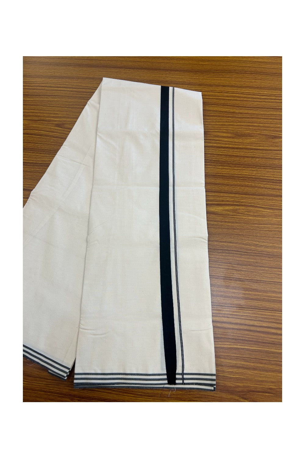 12% DISCOUNT ! KaithariKada Balaramapuram 100% COTTON SINGLE OFF WHITE (Unbleached) Mundu/Dhoti-100X100- 0.75 inch  Puliyilakkara Black Kara (2 meter / 4 muzham) - 2KK5159ASH