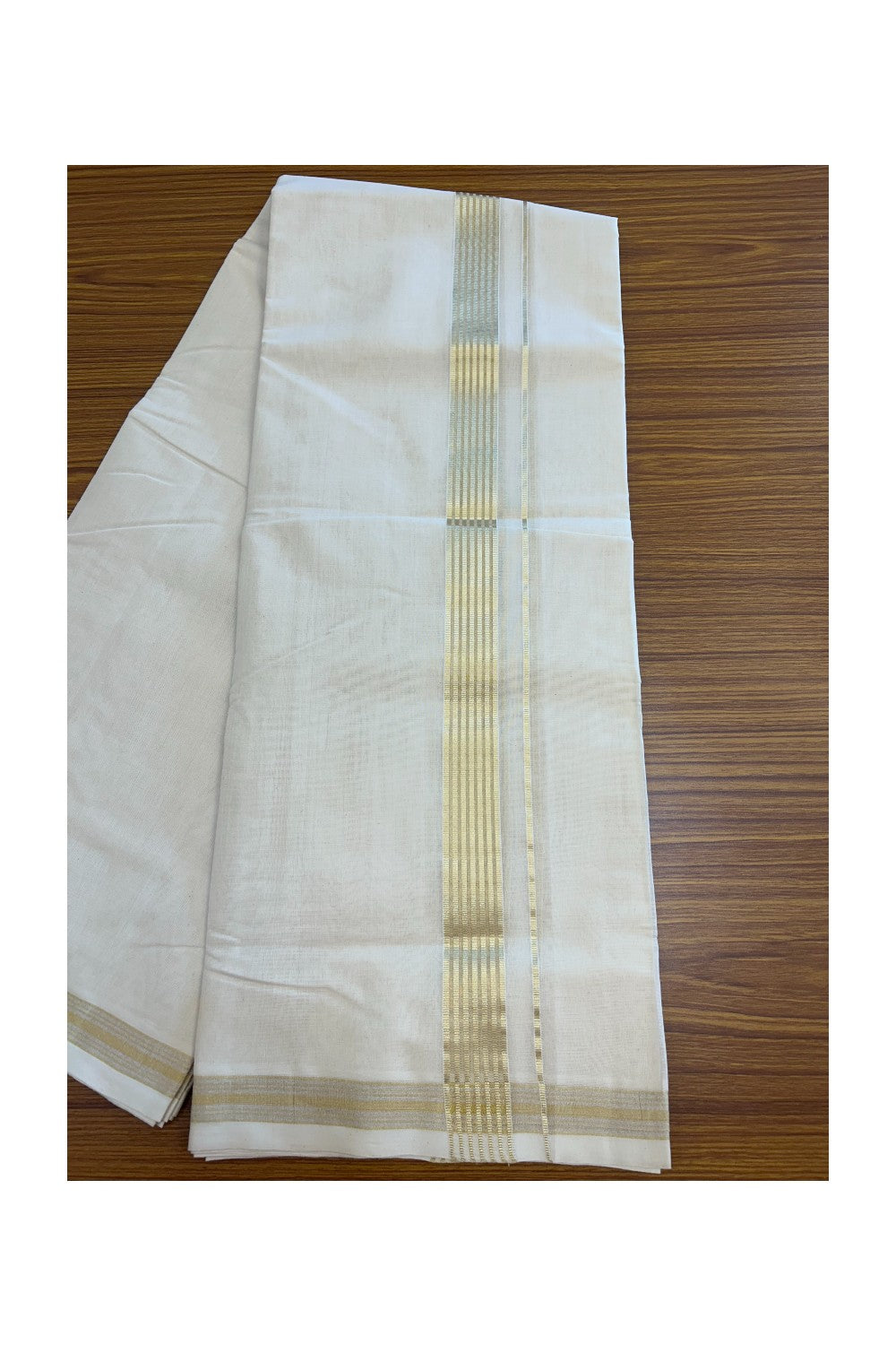 27% DISCOUNT ! KaithariKada HANDLOOM Millpaav Balaramapuram - 100% PURE Cotton Off White - (Unbleached) Double Mundu/Dhoti - 1.25 inch Tissue Gold Kasavu Striped Kara - 2KK5162RAM