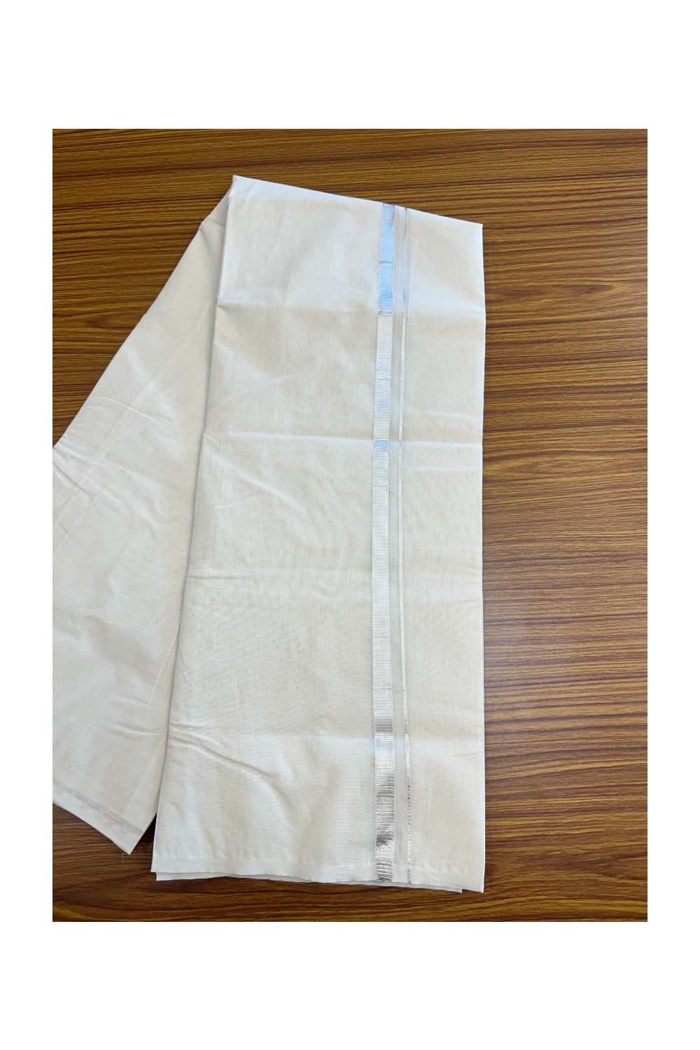 32% DISCOUNT! KaithariKada Balaramapuram 100% Cotton Double Off white - (Unbleached) Mundu/Dhoti-100x80 0.5 inch SILVER Kasavu Kara - 2KK5164ASH