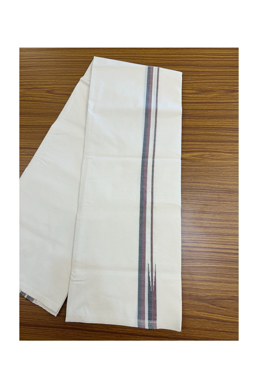 DMK Veshti - 28% DISCOUNT ! KaithariKada Balaramapuram 100% COTTON SINGLE OFF WHITE (Unbleached) Mundu/Dhoti-100X100 - 1.5 cm Puliyilakkara Maroon & Black Shaded Chutty Kara (2 meter / 4 muzham) -  2KK5165ASH