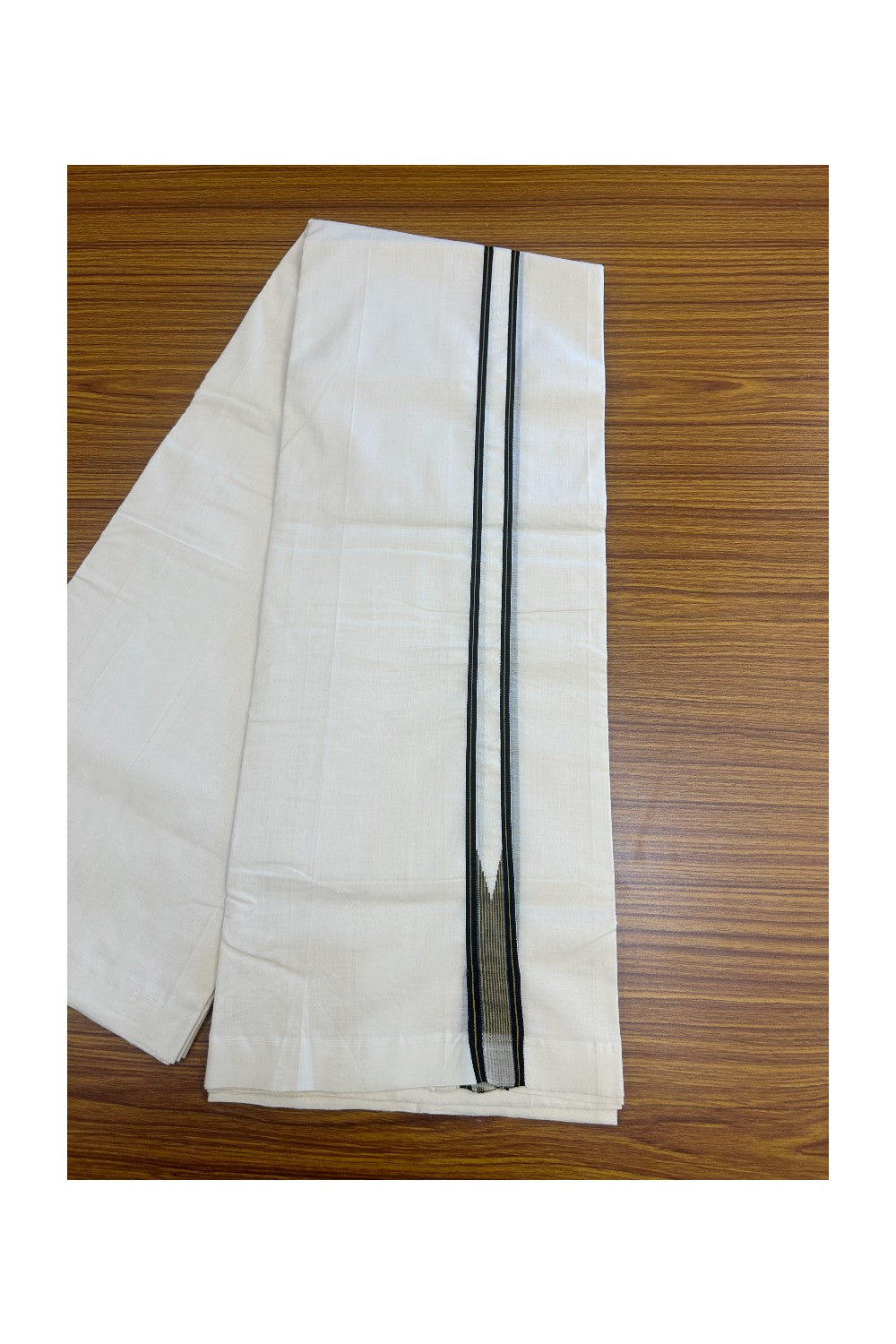 25% DISCOUNT!! KaithariKada HANDLOOM  UNAKKUPAAV Balaramapuram - 100% PURE Cotton OFF White - (Unbleached) Double Mundu/Dothi - 100X100 - 1 inch Puliyilakkara Black & Mustard Yellow striped chutty  - 4KK5167REA