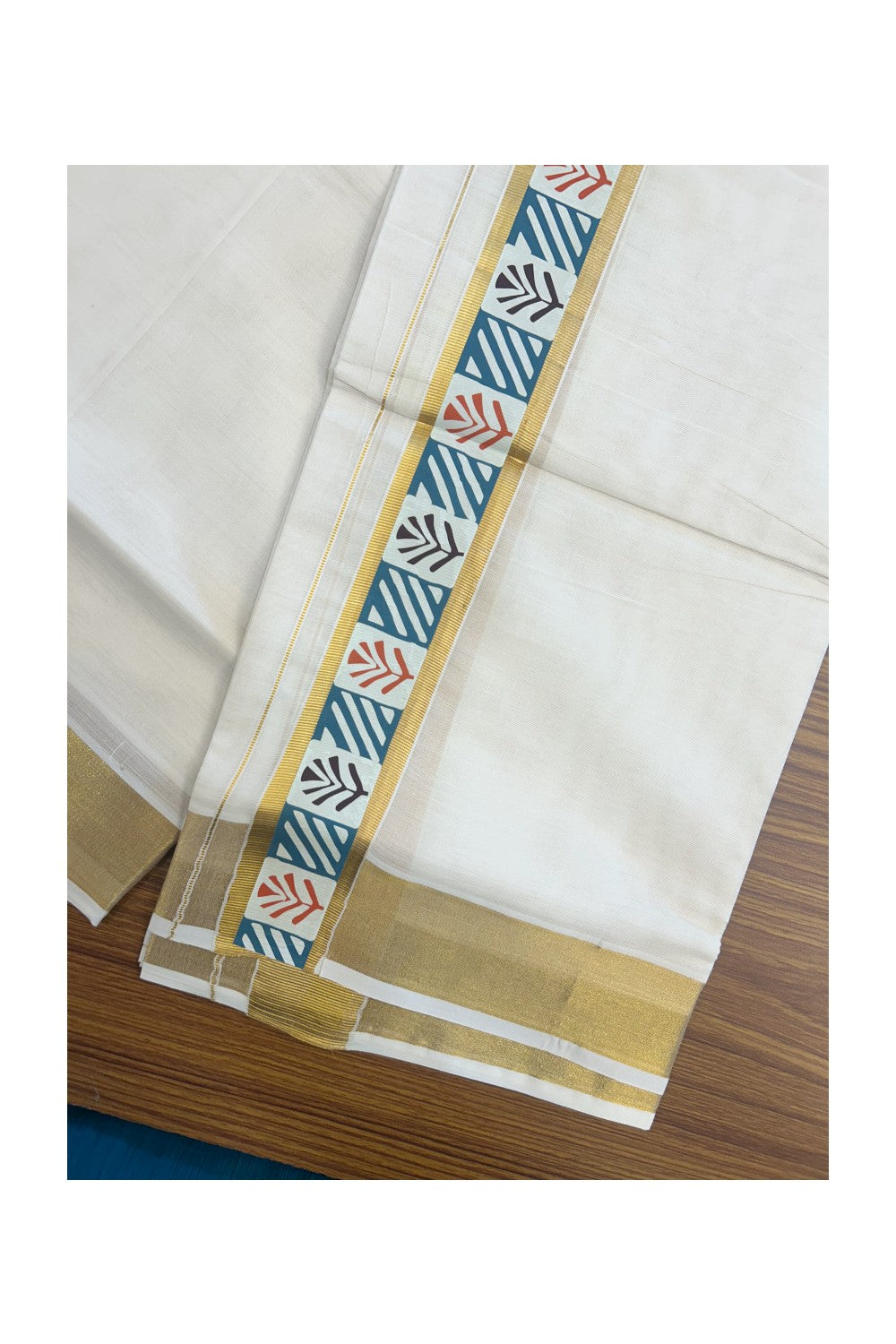 20% DISCOUNT! KaithariKada Balaramapuram 100% Cotton off white - (Unbleached) Double Mundu/Dhoti - 80X72  Cotton mix - 2 inch Printed Multicolour & Gold kasavu kara - 2KK5172PMC