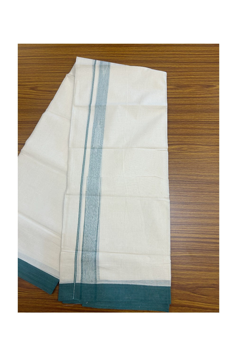 25% DISCOUNT! KaithariKada Balaramapuram Double OFF WHITE 100% Cotton Mundu/Dhoti - 100x80 - 1.25 inch Putta Design Green shaded chutty kara - 2KK5174THI