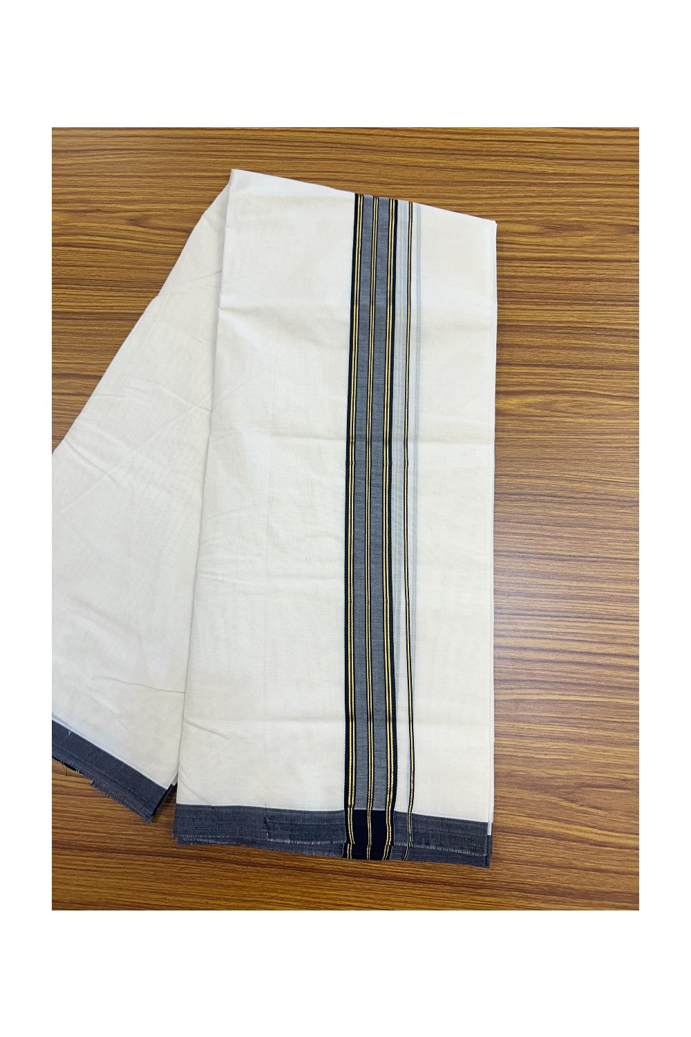 SHORT DHOTI SPECIAL! Kaitharikada.com 32% DISCOUNT! KaithariKada Balaramapuram 100% Cotton  Off white (Unbleached) Double Mundu/Dhoti-100x100 - 1.25 inch Kara & 46 inches Height Navy Blue & Kasavu Striped Kara- 2KK5178ASH