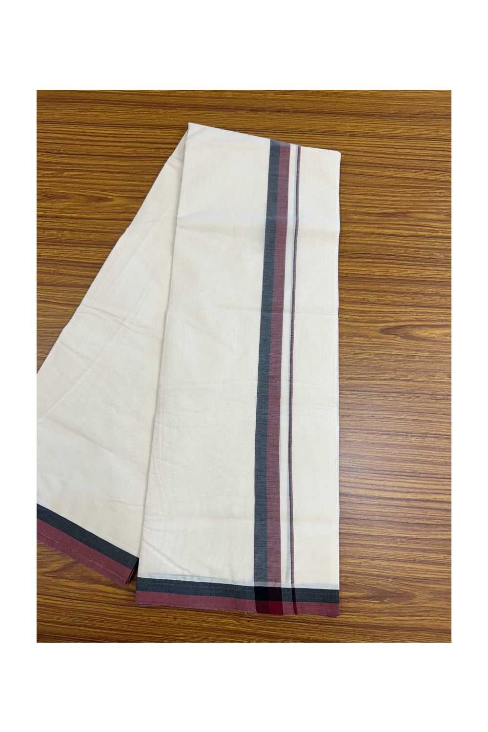 DMK Veshti - 13% DISCOUNT! KaithariKada 100% Cotton off white Double - (Unbleached) Mundu/Dhoti - 100X100 - 1 inch Black & Maroon shaded kara - 2KK5179ASH