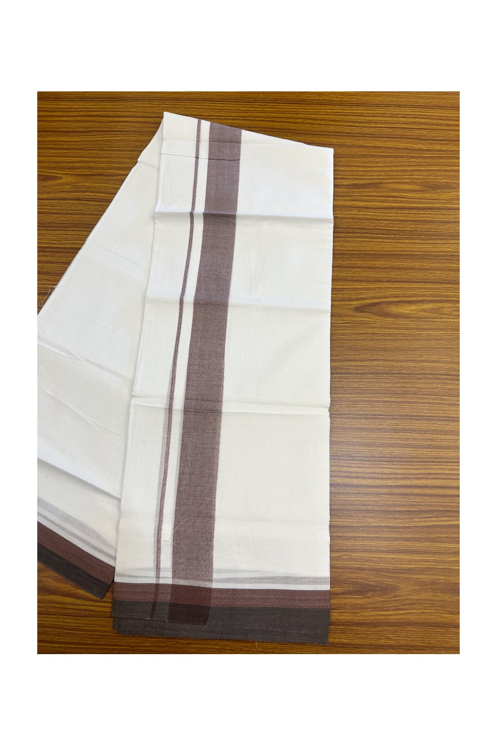 20% Discount ! Kaitharikada Balaramapuram 100% Cotton PURE WHITE Double Mundu/Dothi - 100x80 - 1.75 inch Chocolate Brown & Walnut brown Striped Kara - 2KK5183VIN