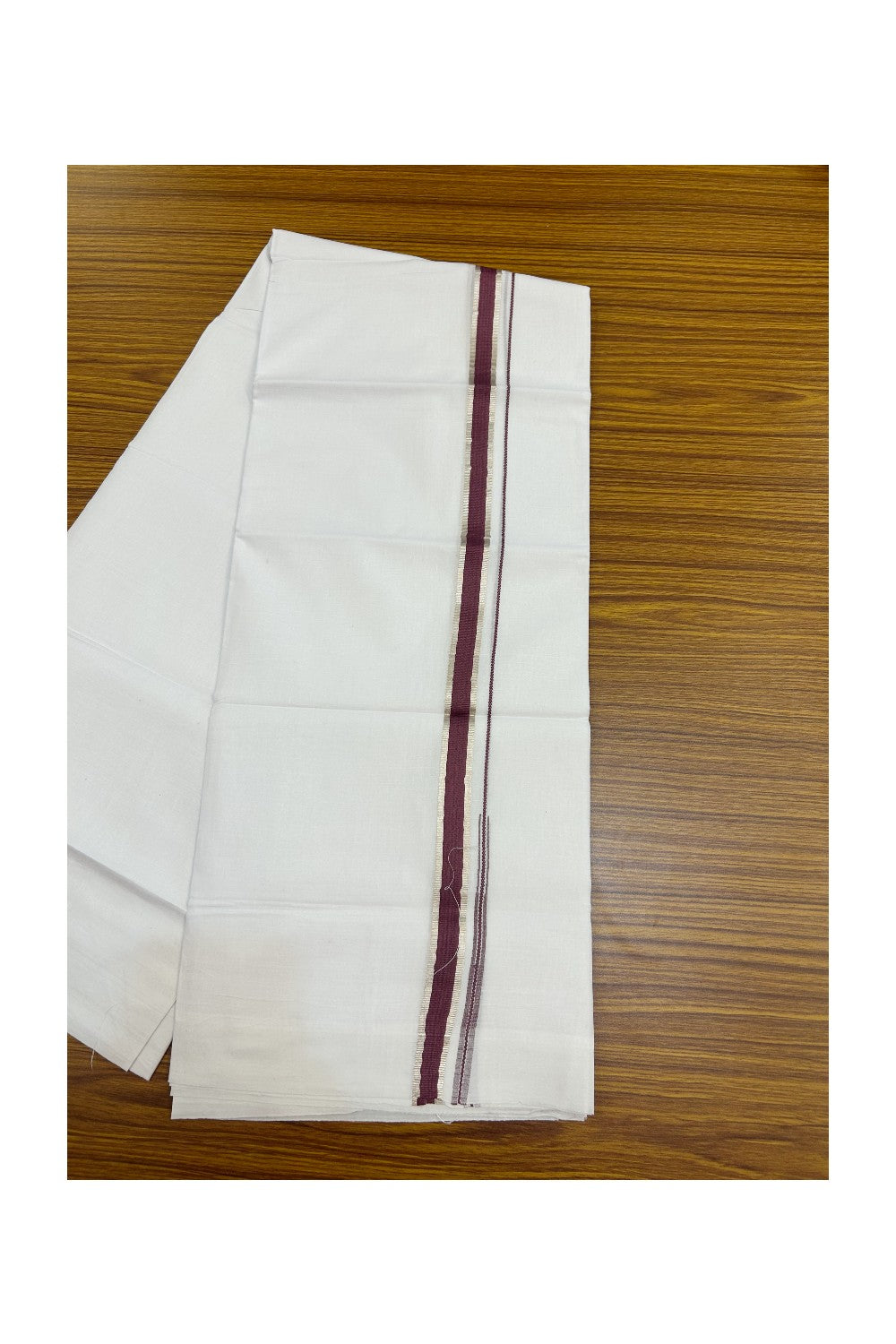 20% Discount !! Kaitharikada Balaramapuram 100% Cotton PURE WHITE Double Mundu/Dothi - 100x80 - 0.75 inch Silver Kasavu & Grape Wine Chutty Kara - 2KK5191CKS