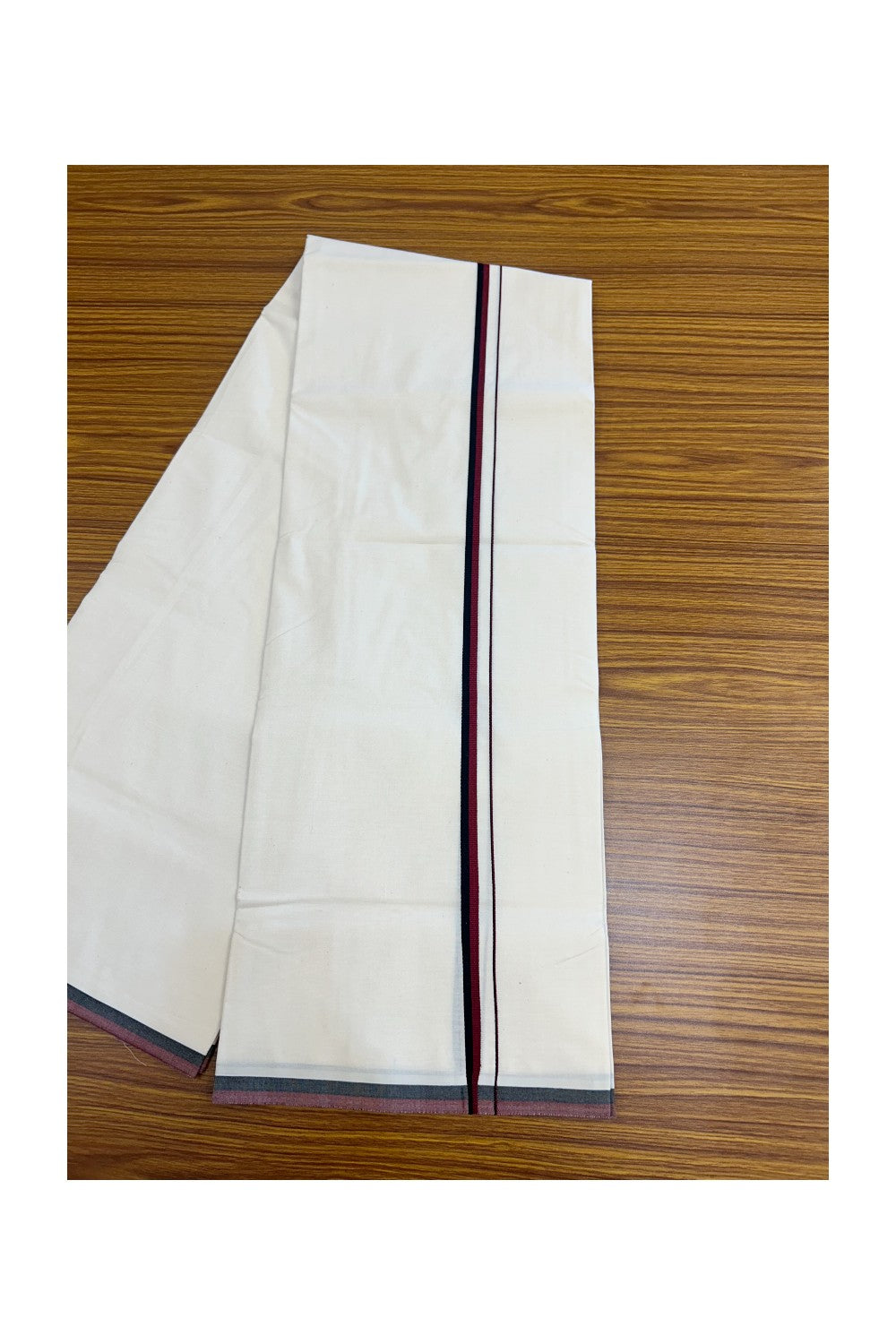 DMK Veshti - 17% DISCOUNT ! KaithariKada Balaramapuram 100% COTTON SINGLE OFF WHITE - (Unbleached) Mundu/Dhoti- 100X100 - 1 cm Maroon & Black Kara (2 metre /4 muzham) - 2KK5187ASH
