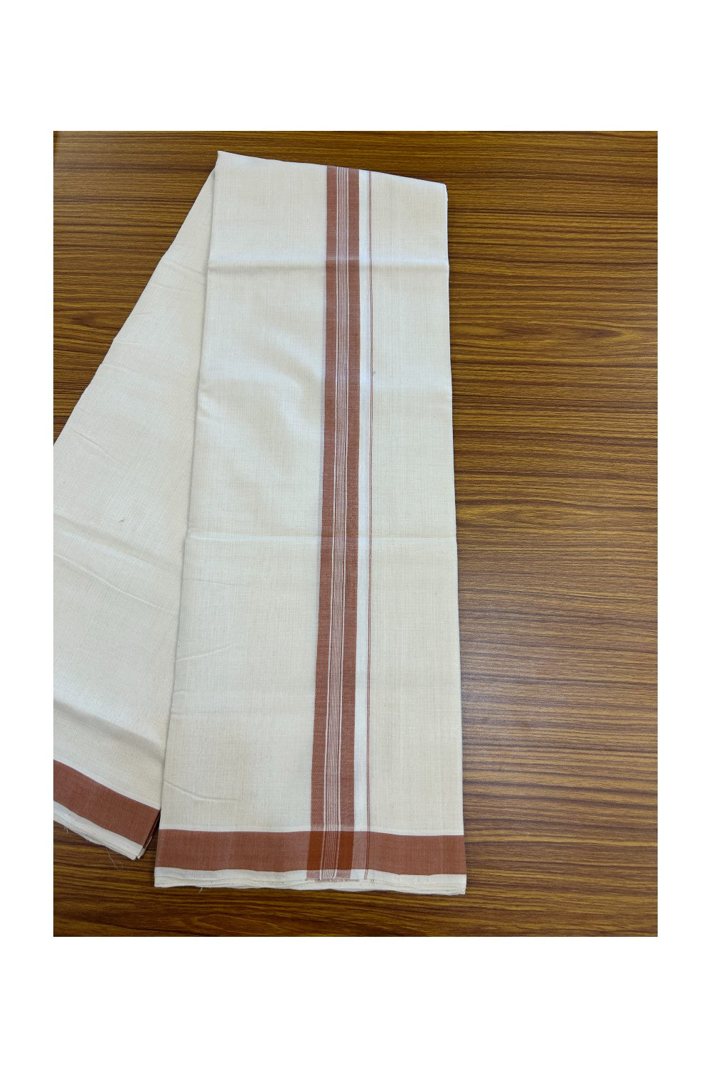 25% Discount KaithariKada HANDLOOM Unakkupaav Balaramapuram - 100% PURE Cotton off white (Unbleached) Double Mundu/Dhoti - 80X90 - 1.25 inch Cinnamon Brown Center Stripes Kara 3.80 mtr  - 2KK5192ELA