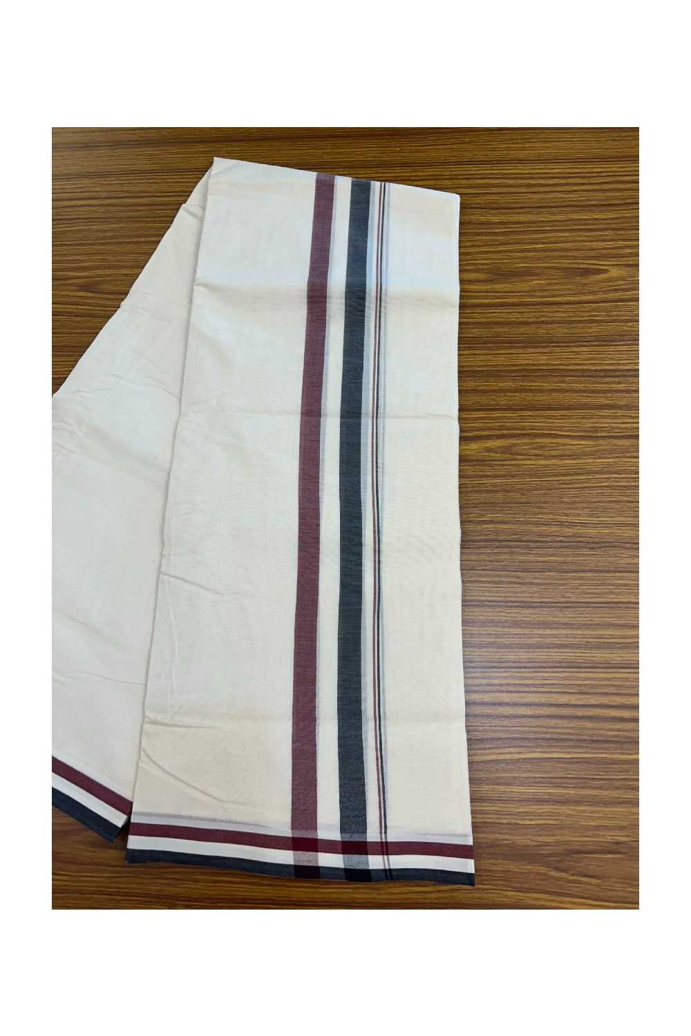 AIADMK VESHTI - 15% DISCOUNT! KaithariKada 100% Cotton off white Double - (Unbleached) Mundu/Dhoti - 100X100 - 2.25 inch Black White & Maroon kara - 2KK5204 ASH