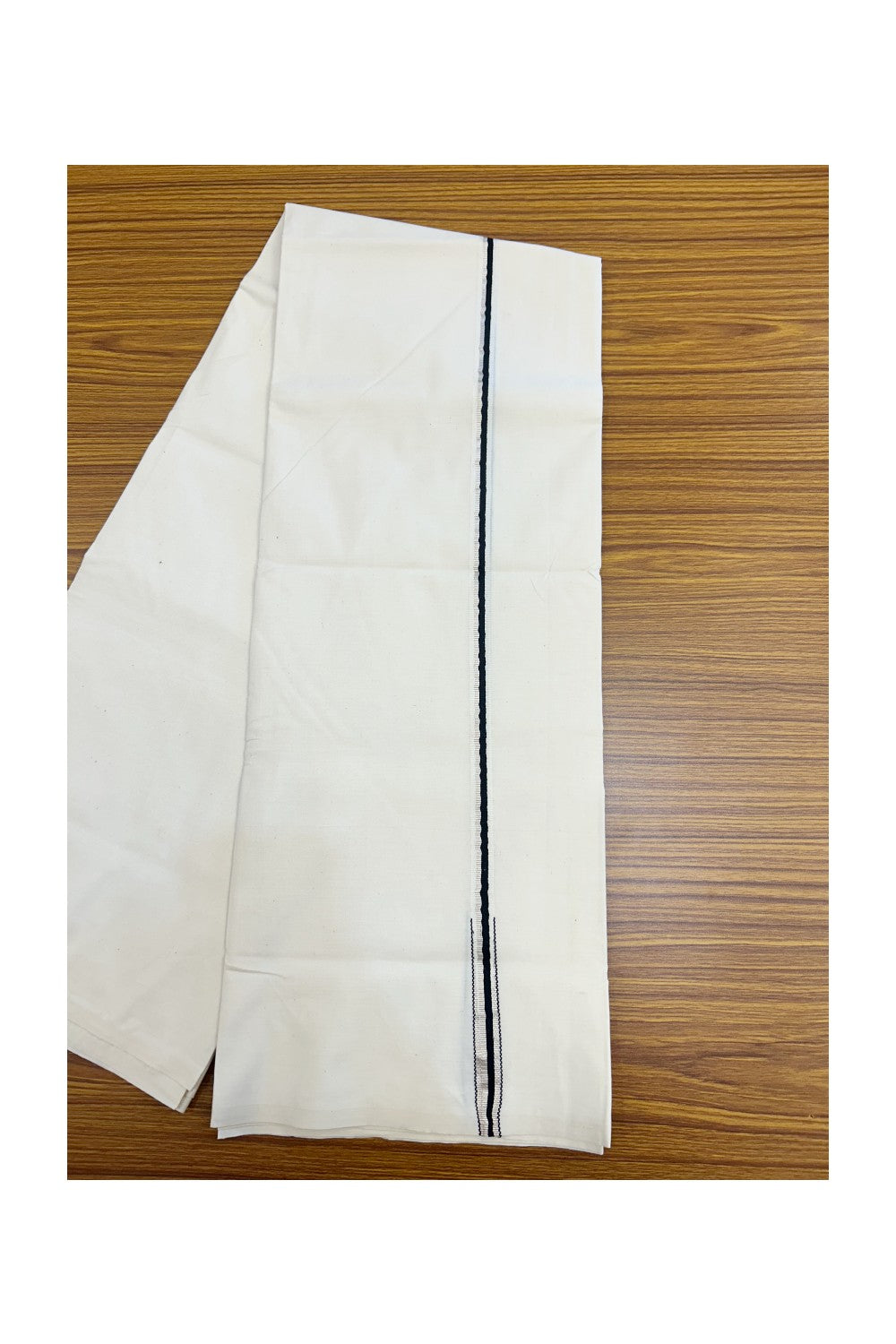 20% Discount!! KaithariKada Balaramapuram 100% COTTON SINGLE OFF WHITE - (Unbleached) Mundu/Dhoti - 100X100 - 1.5 cm Black & Silver Puliyilakkara Chutty Kara(2 meter / 4 muzham) - 2KK5207ASH