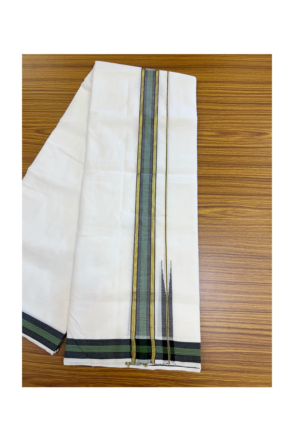 25% Discount!! NEW ULTRA PURE WHITE HANDLOOM Balaramapuram - 100% Mercerised Cotton Double Mundu/Dhoti - 120 twisted warp x 80s weft - 1.5 inch Puliyilakkara Gold Kasavu Green Striped & Black Chutty Kara- 2KK5209 REA