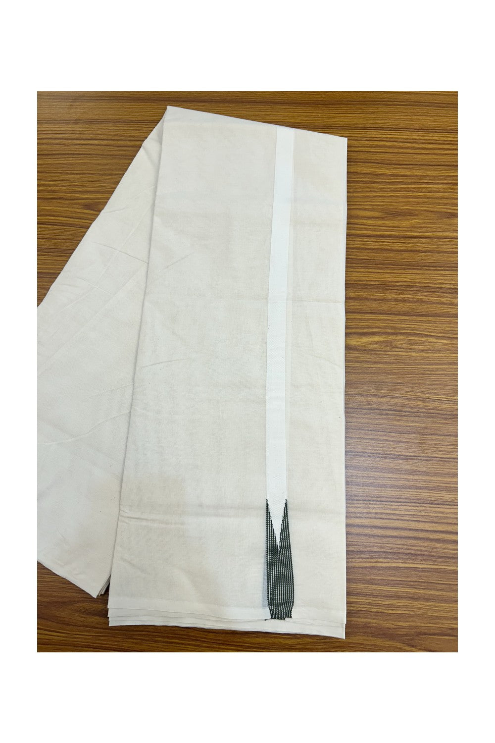 28% DISCOUNT ! KaithariKada Balaramapuram 100% COTTON Double OFF WHITE (Unbleached) Mundu/Dhoti- 100x100 - 1 inch Puliyilakkara Olive Green Striped Chutty Kara - 2KK5211ASH