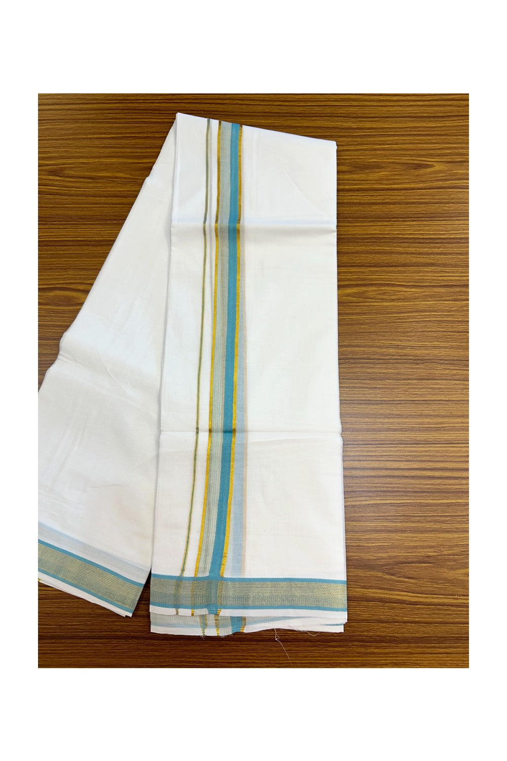 16% DISCOUNT! KaithariKada Balaramapuram 100% MERCERISED Cotton Double ULTRA PURE WHITE Mundu/Dhoti - 100x100 - 1.25 inch Sky Blue & Kasavu Stripes Kara - 2KK5221 GAN