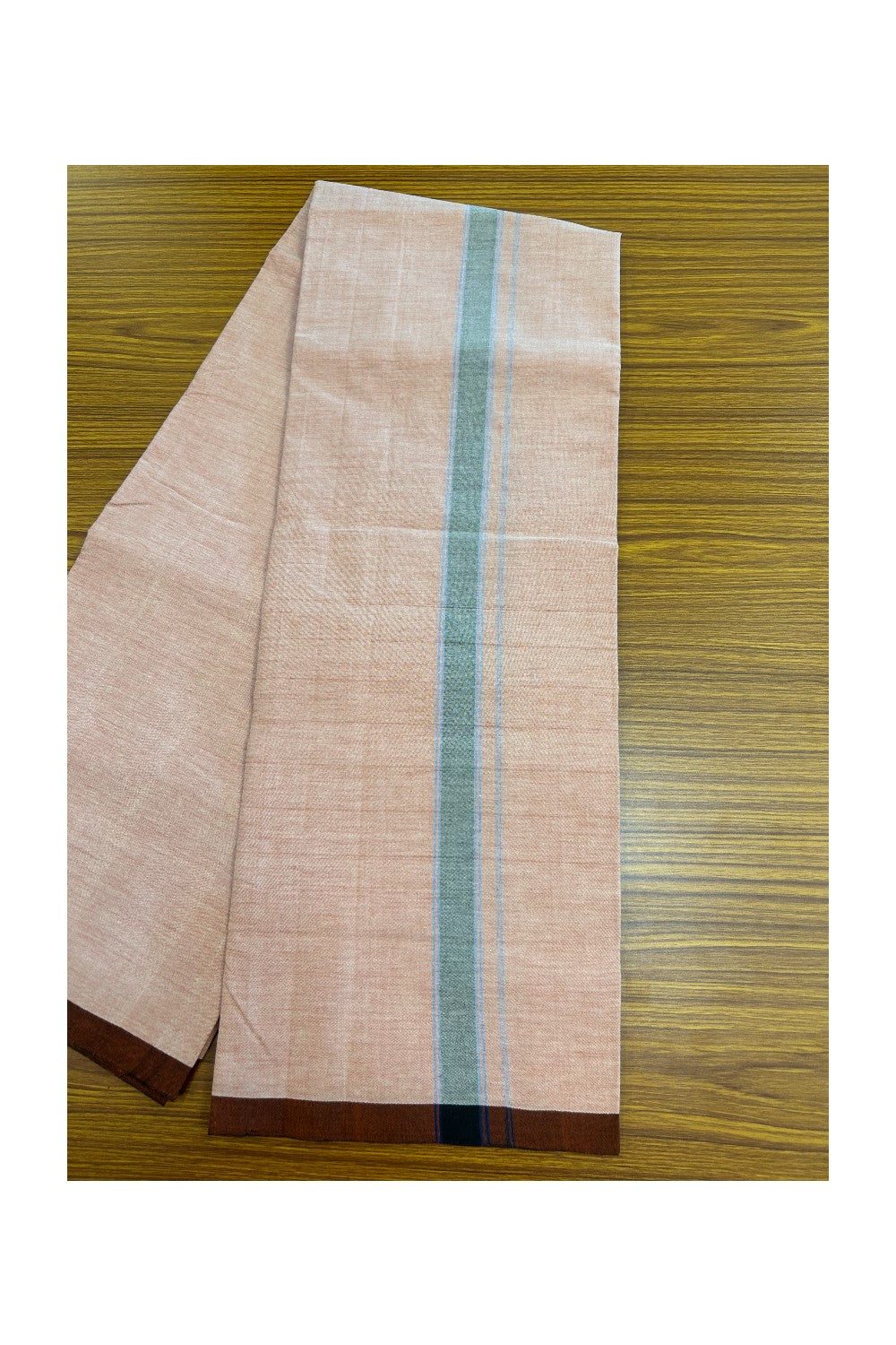 25% Discount ! KaithariKada 100% Cotton Balaramapuram HANDLOOM Single Mundu/Dhoti - Dark Peach Shaded COLOUR BODY & 1.25 inch Black Blue Striped Kara (2 meter / 4 muzham) - 2KK5225KAI