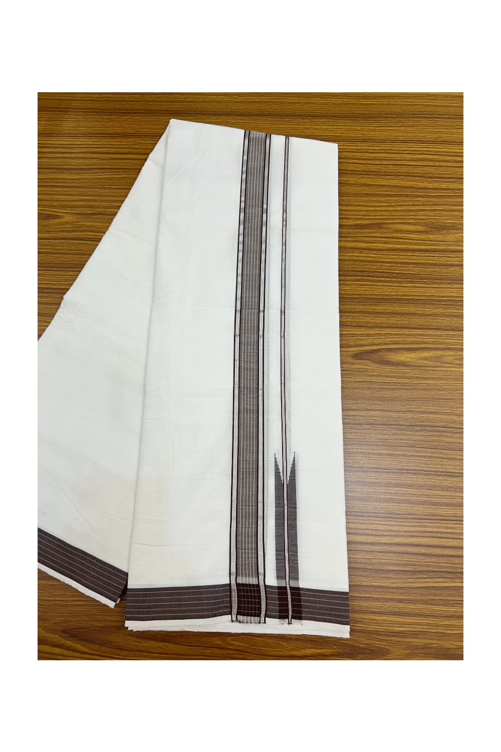 25% Discount!! NEW ULTRA PURE WHITE HANDLOOM Balaram apuram - 100% Mercerised Cotton Double Mundu/Dhoti - 120 twisted warp x 80s weft - 1.5 inch Puliyilakkara Silver Kasavu & Dark Brown Striped Chutty Kara - 2KK5232 REA