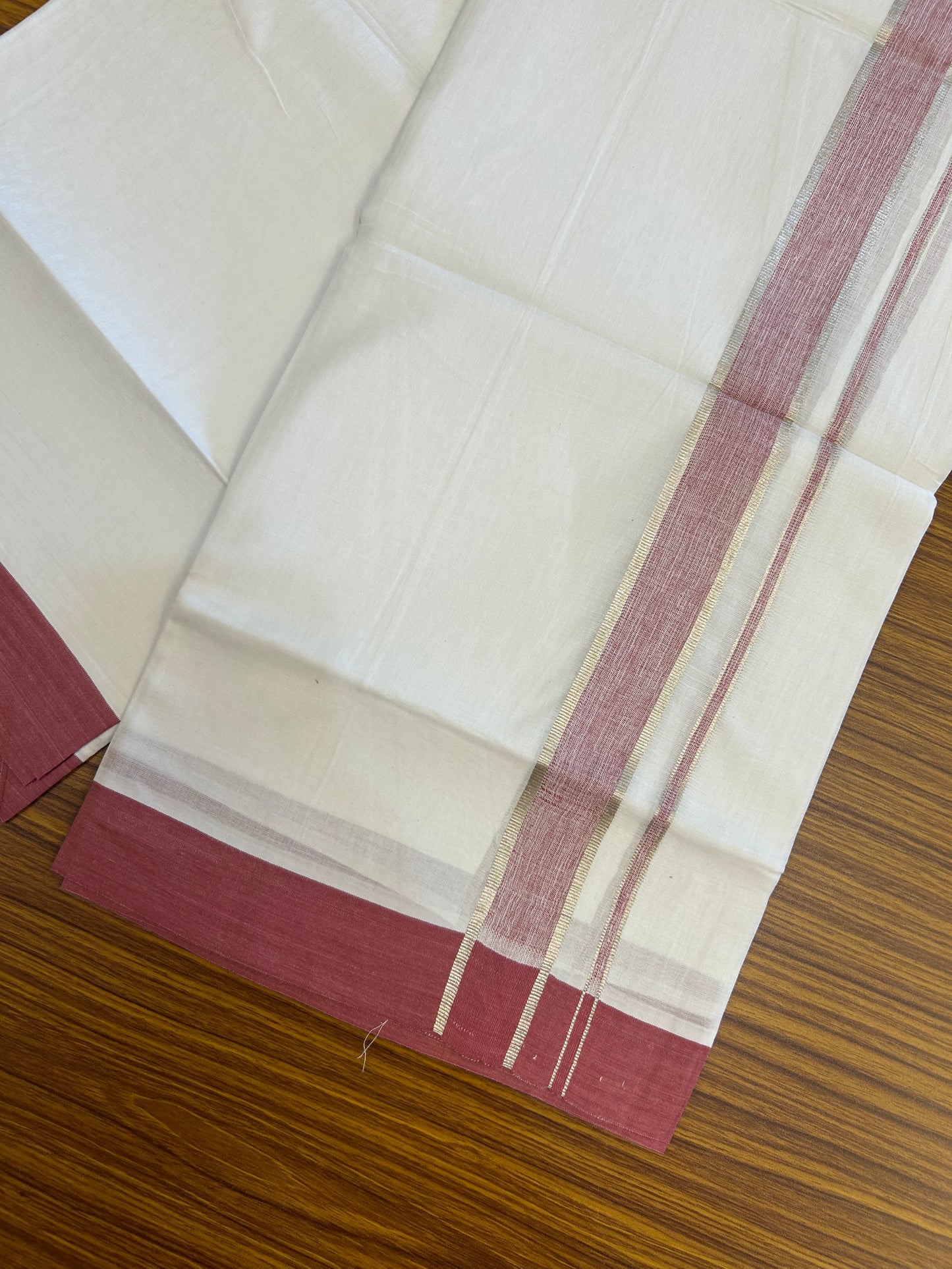 Short Dhoti Special - 28% Discount ! KaithariKada 100% Cotton Pure White Double Mundu / Dhoti - 100x80 - 45 inch Height 3.80 m Length  1.5 inch Maroon Magenta Mix Silver Kasav kara - 2 KK5258 THI