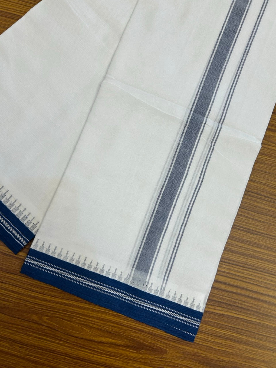 Premium Kathar Type Mercerised Pure Cotton Single Mund Kaitharikada Special - Kaily / Lungi -  1.25 inch Blue Striped kara White Body Kuppadam Border (2 meter / 4 muzham) - 2 KK8031 MUT