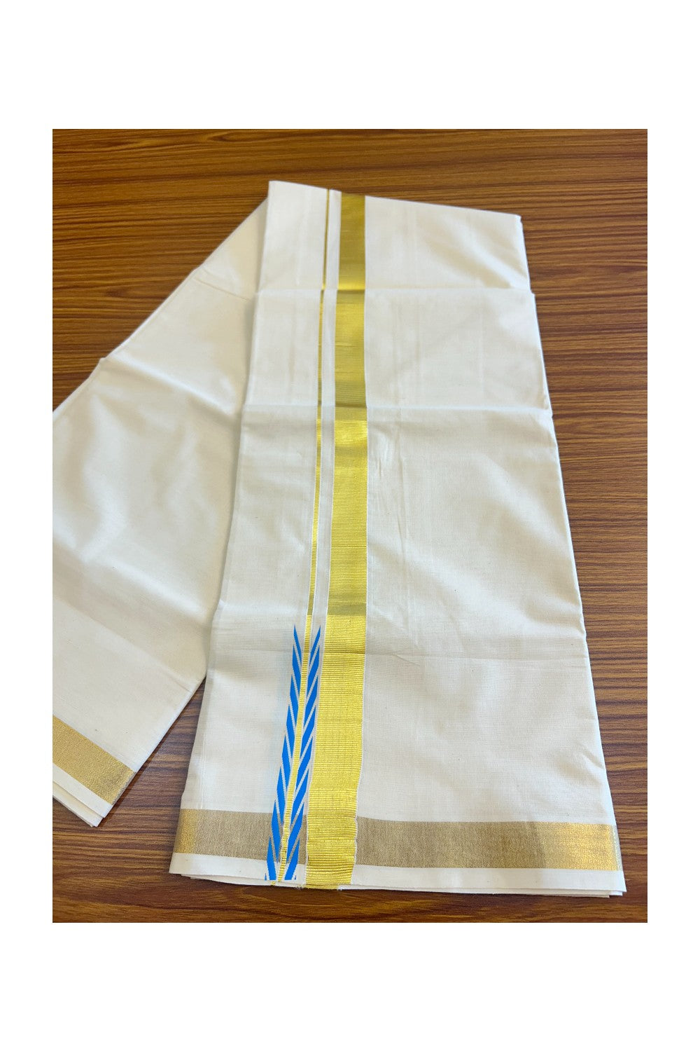 15% DISCOUNT!!! KaithariKada Balaramapuram 100%  Cotton off white Double - (Unbleached) Mundu/Dhoti - 80X72  GOLD KASAVU & BLUE CHUTTY Printed Kara - 2KK85CEE