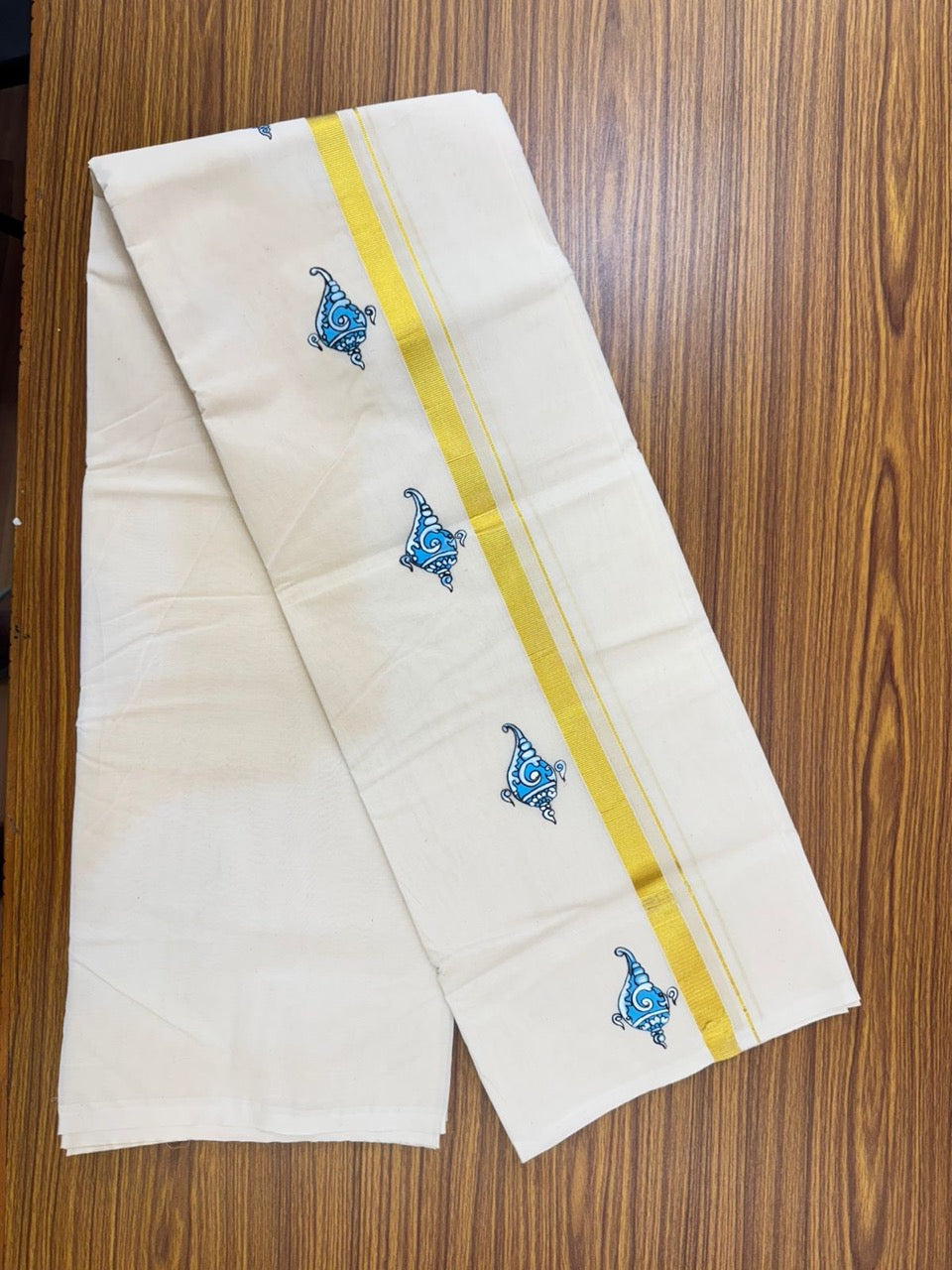 KaithariKada Balaramapuram 100% Cotton Double Off white - (Unbleached) Mundu/Dhoti-100x80 - 0.75 inch Hand Painted Gold Kasav Sky Blue & White Mural Design Kara 3.75 mtr (8 muzham) - 2 KK5244 ASH
