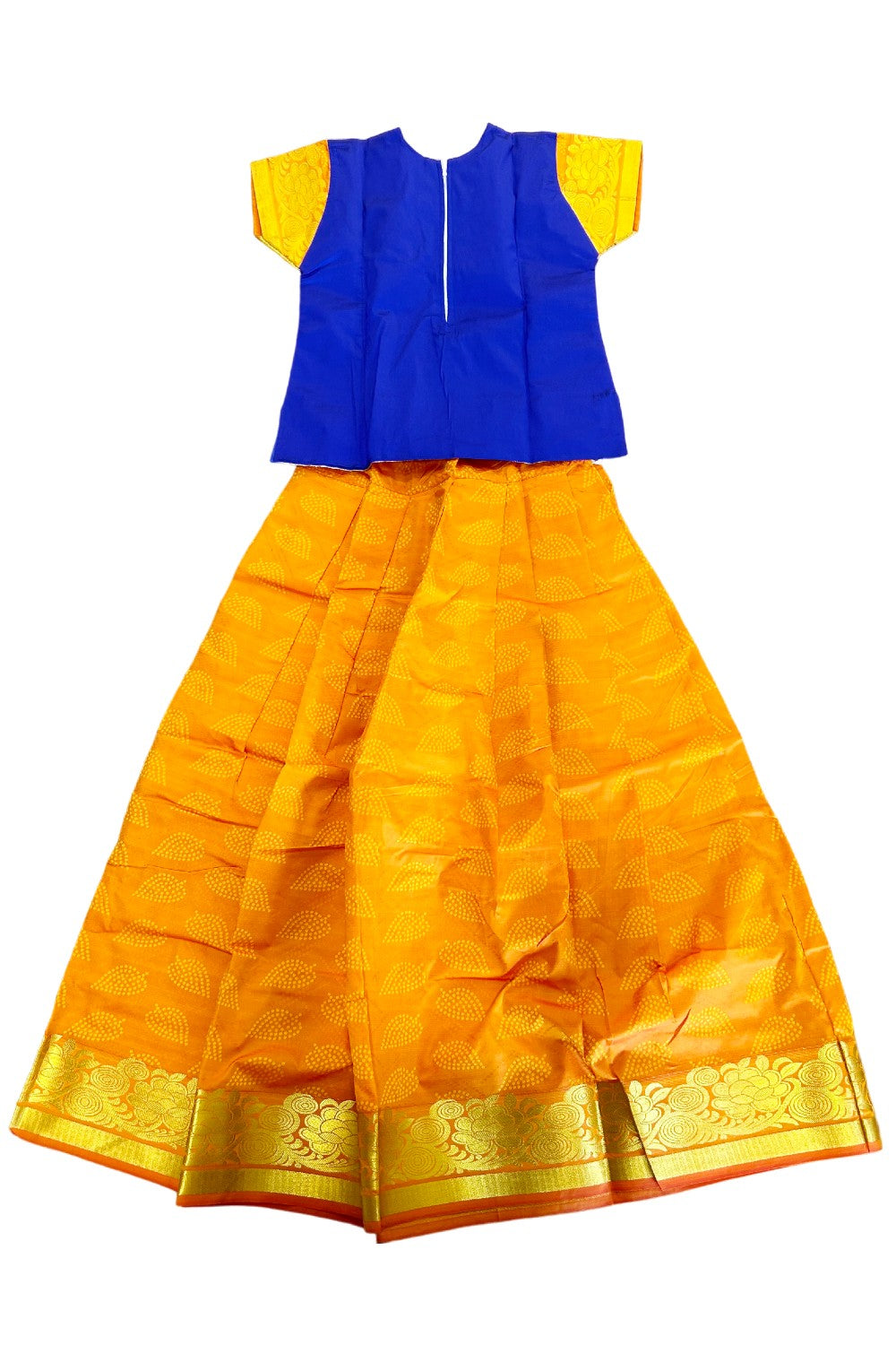 Midukki-Traditional South Indian Kids Pattu Pavada- Blue top light orange skirt with emboss work- Age 12 - KK12MID002