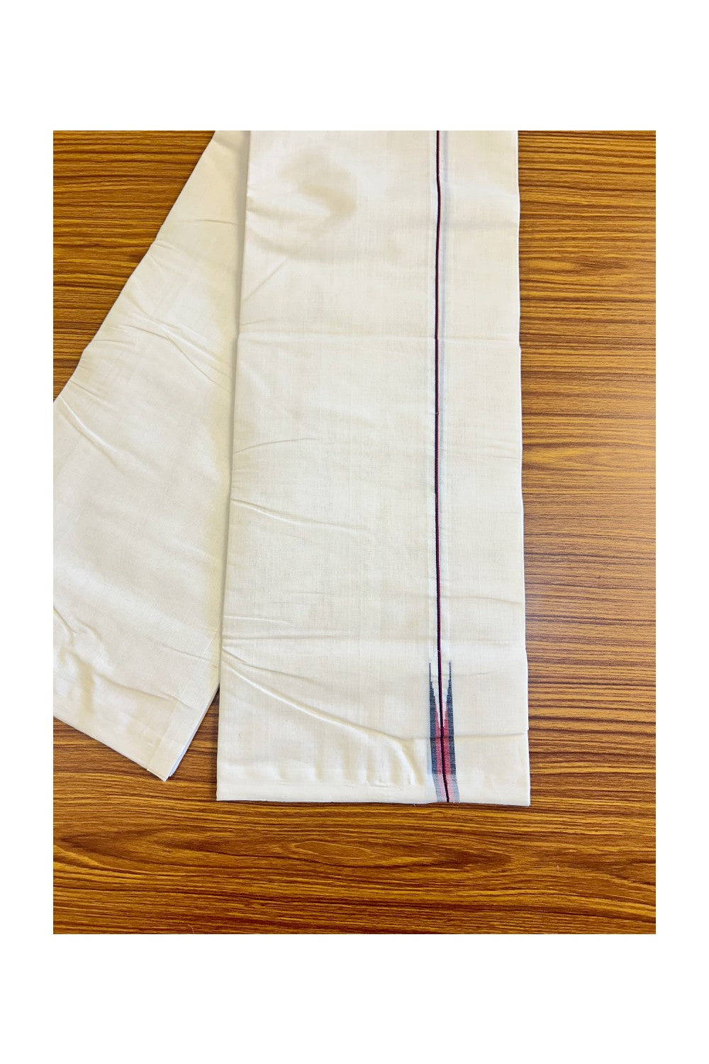 30% DISCOUNT!! KaithariKada HANDLOOM Millpaav Balaramapuram - 100% PURE Cotton OFF White (Unbleached) Double Mundu/Dothi - Navy Blue & Red striped puliyilakkara chutty- 2KK135RAM