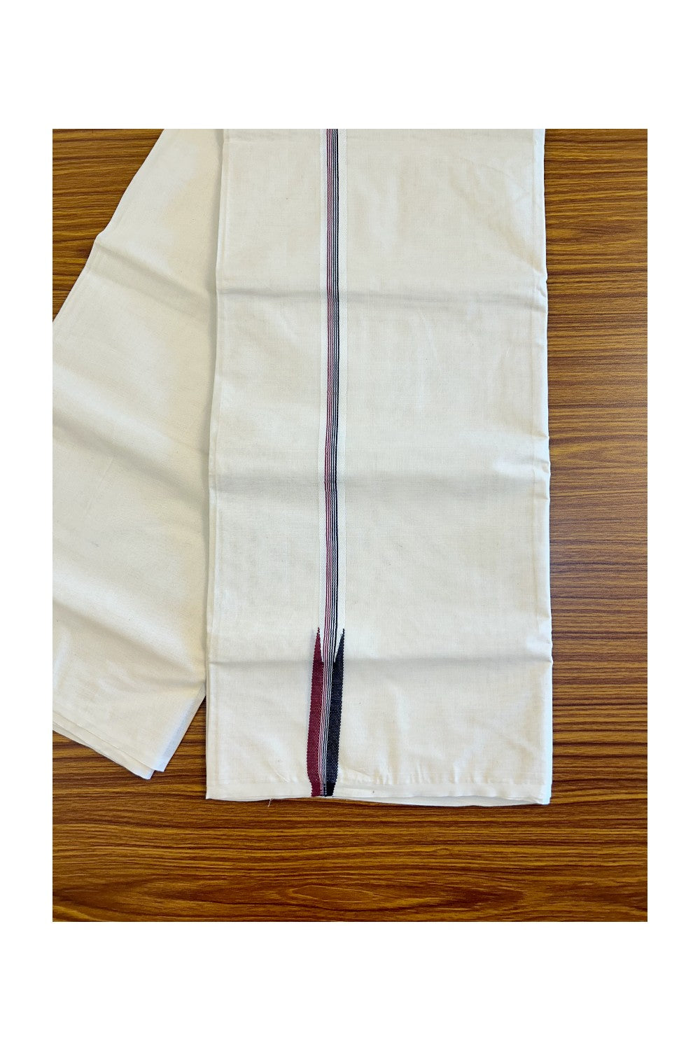 ADMK Veshti - 25% DISCOUNT ! KaithariKada 100% Cotton OFF WHITE (Unbleached) Double Dhoti/Mundu- Black And Maroon stripes Puliyilakkara Chutty- 13KK429ASH