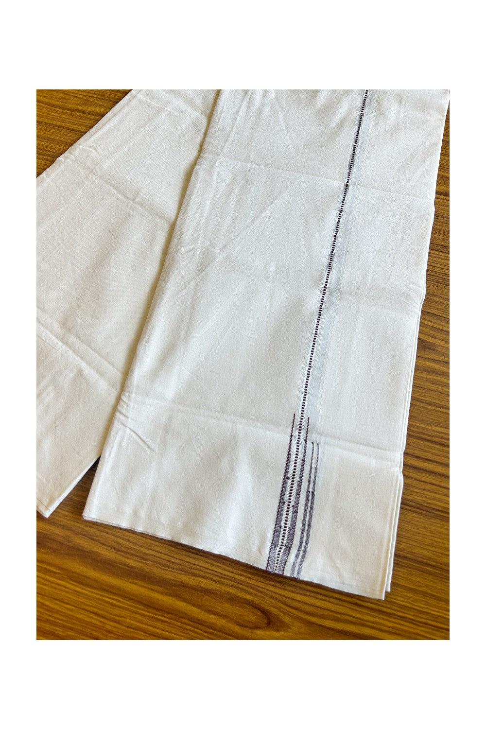 33% DISCOUNT!!  KaithariKada Balaramapuram 100% Cotton Single Off white (Unbleached) Mundu/Dhoti-100x100 0.5 inch  Chutty Puliyilakkara Muthukuri Silver Kasavu & Light Maroon Kara (2 meter / 4 muzham) - 2KK489ASH