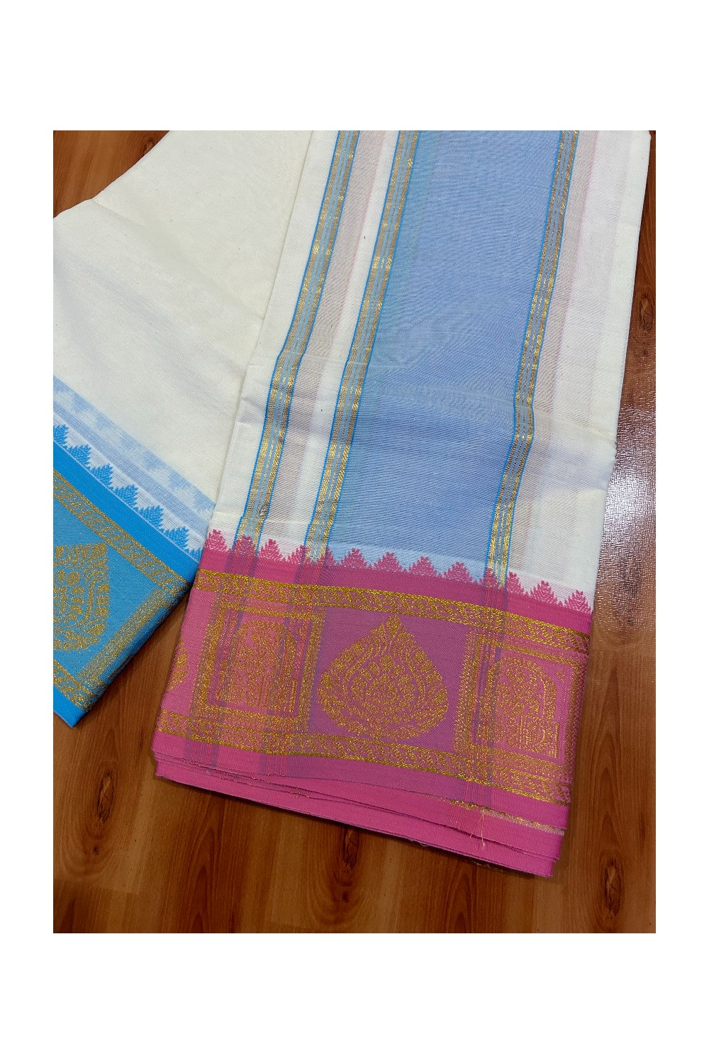 36% DISCOUNT! KaithariKada  Cotton mix Off White - (Unbleached) 80x80 thread - 80 % Cotton & 20 % Polyester -NORTH INDIAN - ATTACHED GAMCHA 9X5 Dhoti 6 inch Blue kara with Pink Blue Kasavu Design border  - 2KK5005PMC