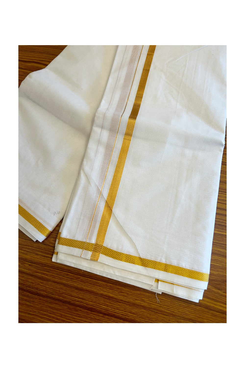 15% DISCOUNT! KaithariKada Cotton Mix  PURE White 80x80 thread - 80% Cotton & 20% Polyester -  NORTH INDIAN - ATTACHED GAMCHA 9X5 Dhoti -  KASAVU 0.5 inch Border - 2KK5008PMC