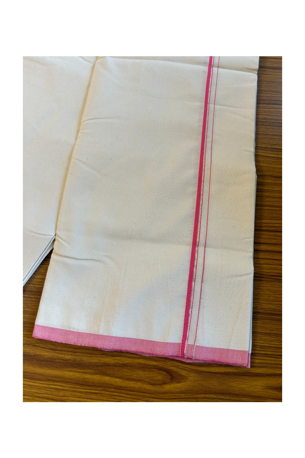 30% Discount!! SIGNATURE KAITHARIKADA EXCLUSIVE SINGLE DHOTI - 100% Cotton Balaramapuram HANDLOOM Single Mundu/Dhoti - Off White - (Unbleached) 0.75 Inch Pink & Silver KASAVU Kara (2 metre / 4 muzham) - 2KK5013KAI