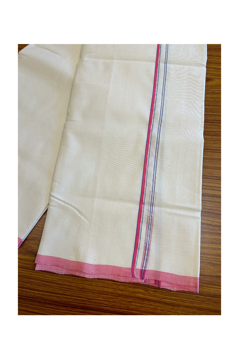 30% Discount!! SIGNATURE KAITHARIKADA EXCLUSIVE SINGLE DHOTI - 100% Cotton Balaramapuram HANDLOOM Single Mundu/Dhoti - Off White - (Unbleached) 1cm Pink Blue & Silver KASAVU Chutty Kara (2 metre / 4 muzham)- 2KK5021KAI