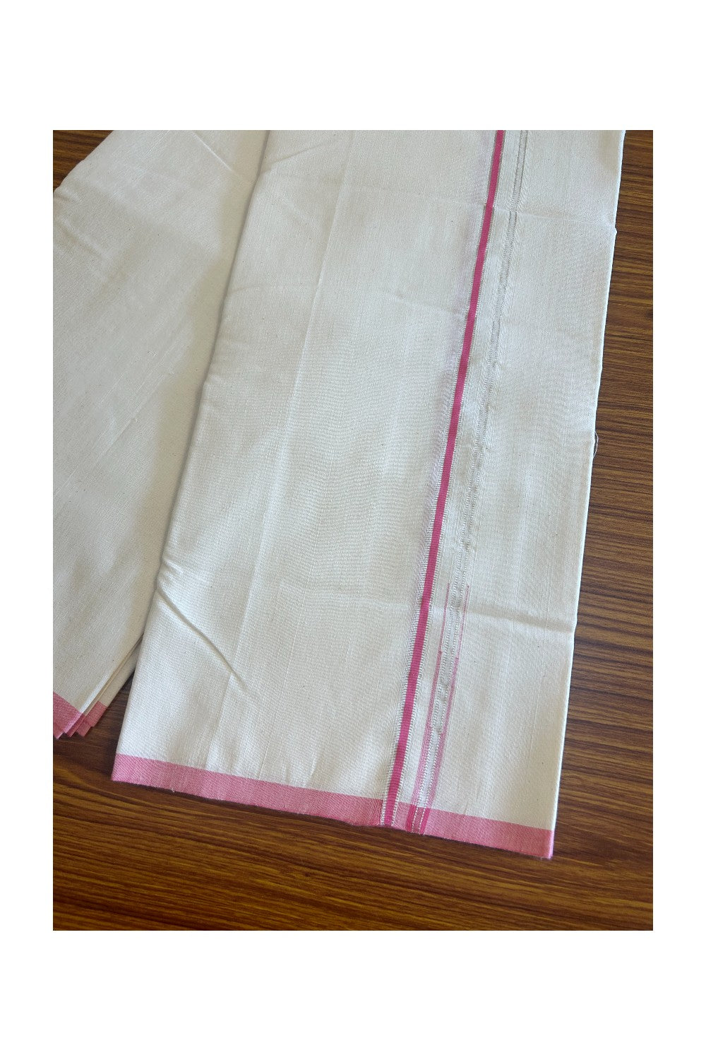 SIGNATURE KAITHARIKADA EXCLUSIVE SINGLE DHOTI - 25% Discount! 100% Cotton Balaramapuram HANDLOOM Single Mundu/Dhoti - Off White - (Unbleached) 0.25 Inch PINK & SILVER KASAVU Chutty Kara(2 meter / 4 muzham) - 2KK502KK