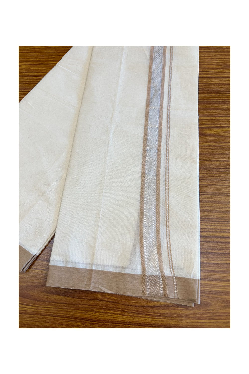 25% Discount!!! KaithariKada Balaramapuram  Double Off white - (Unbleached) Mundu/Dhoti - 80X90 - 2 inch SILVER  KASAVU & Sand brown pattern Kara - 2KK5037KAI
