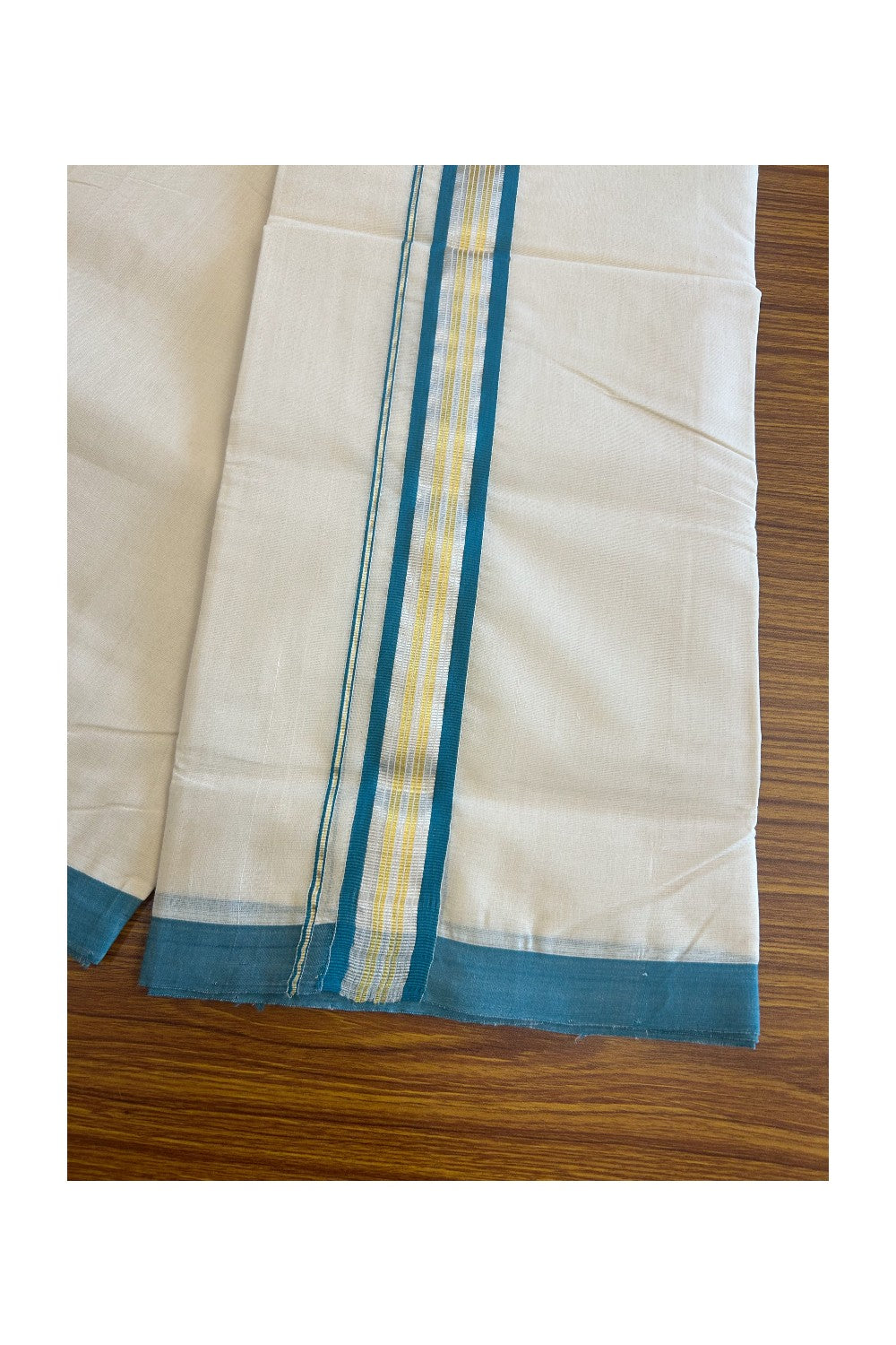 30% DISCOUNT! KaithariKada HANDLOOM Millpaav Balaramapuram - 100% PURE Cotton Off White (Unbleached) - 100x100 Double Mundu/Dhoti - 2 inch Gold & Silver Kasavu Peacock green Stripes Kara-81