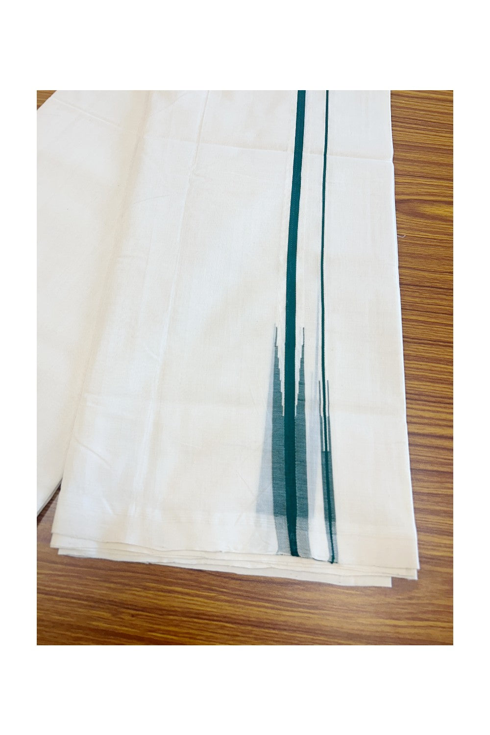 25% DISCOUNT!! KaithariKada HANDLOOM  UNAKKUPAAV Balaramapuram - 100% PURE Cotton OFF White Double - (Unbleached) Mundu/Dothi - 0.75 inch Puliyilakkara Green Double chutty - 2KK5049REA