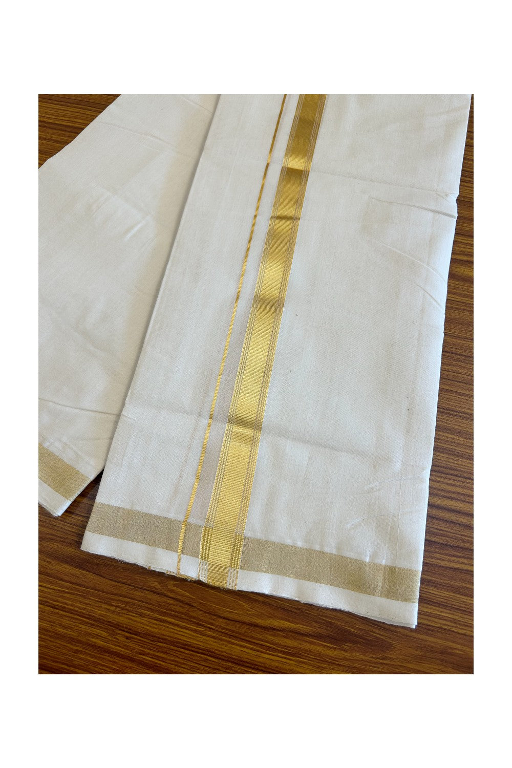 25% DISCOUNT!! KaithariKada HANDLOOM Millpaav Balaramapuram - 100% PURE Cotton OFF White - (Unbleached) Double Mundu/Dothi - 1.65 Inch Kasavu stripes Kara - 2KK504RAM