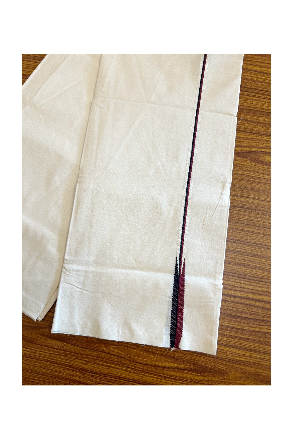 DMK Veshti - KaithariKada Balaramapuram 100% COTTON SINGLE OFF WHITE- (Unbleached) Mundu/Dhoti-100X100 - 0.5 Inch Puliyilakkara Maroon & Black Chutty (2 meter / 4 muzham) - 20KK411ASH