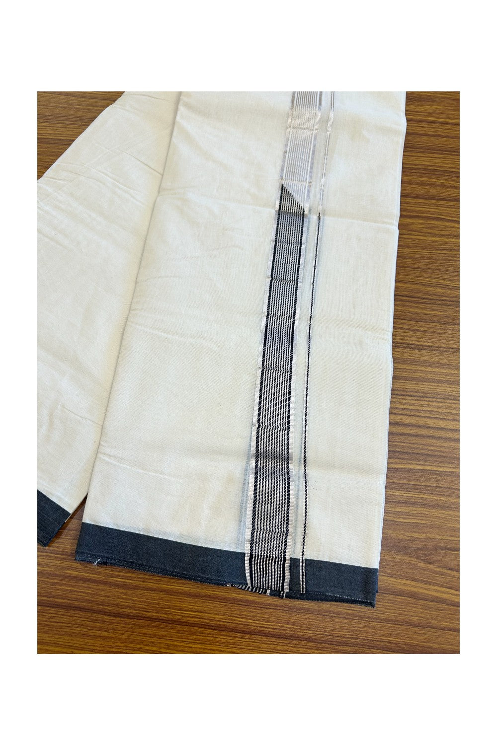 20% Discount !! KaithariKada Balaramapuram 100% Cotton Double Off White - (Unbleached) Mundu/Dhoti-100x100 1.5 inch Heavy Chutty Silver Kasavu & Black Striped kara - 8KK5055ASH
