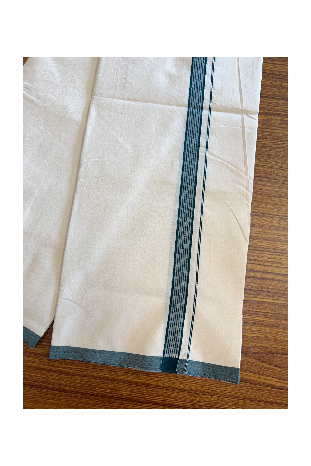 19% DISCOUNT ! KaithariKada Balaramapuram 100% COTTON SINGLE OFF WHITE - (Unbleached) Mundu/Dhoti-Twisted 100s Thread- 1.25 Inch Green Striped Kara (2 metre / 4 muzham)- 2KK5079ASH