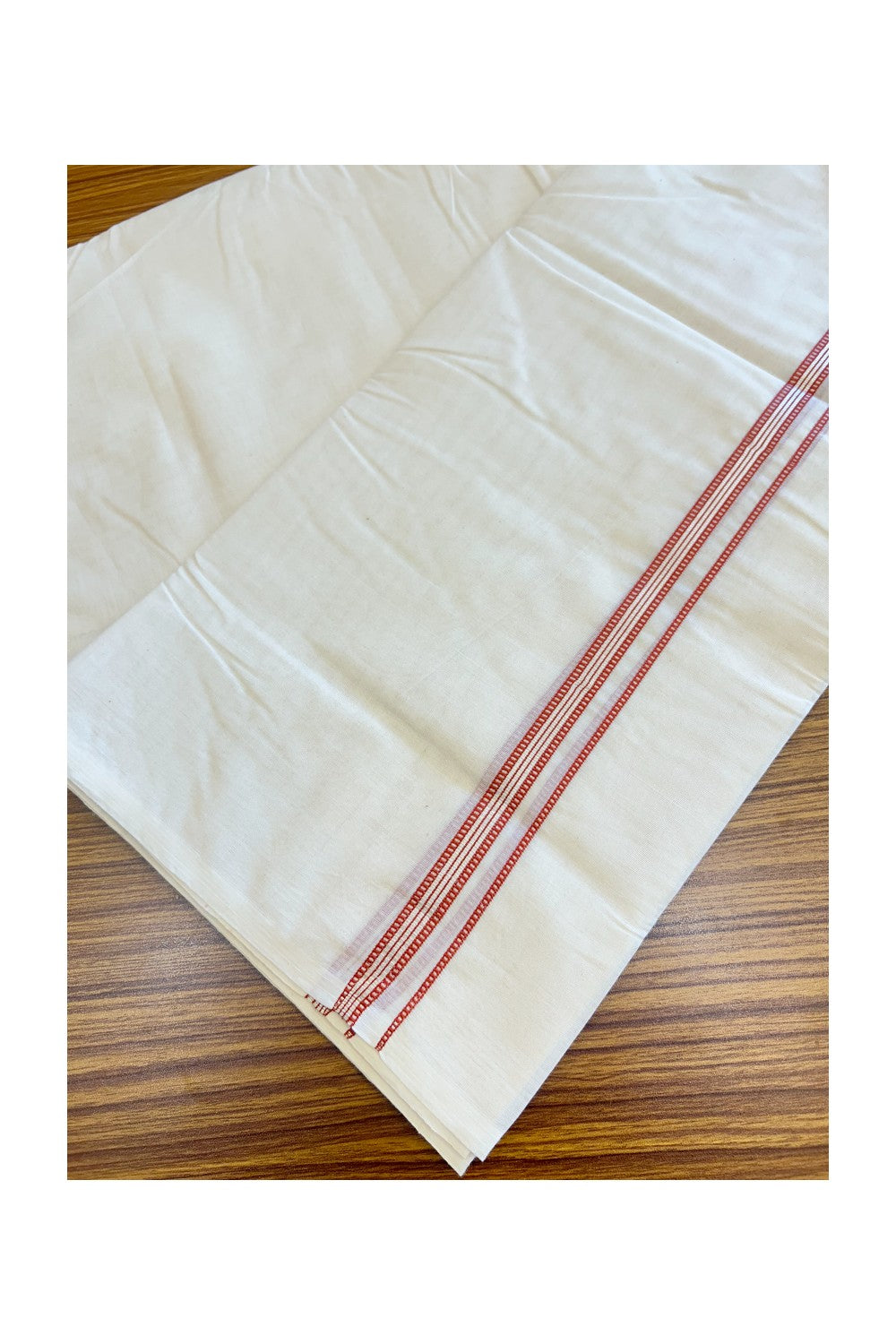 20% Discount KaithariKada Balaramapuram 100% Cotton Double Off white - (Unbleached) - Mundu/Dhoti - 100x100 - 0.5 inch Silver Kasavu & Brick Red Kara -3.60m (8muzham)- 8KK5125ASH