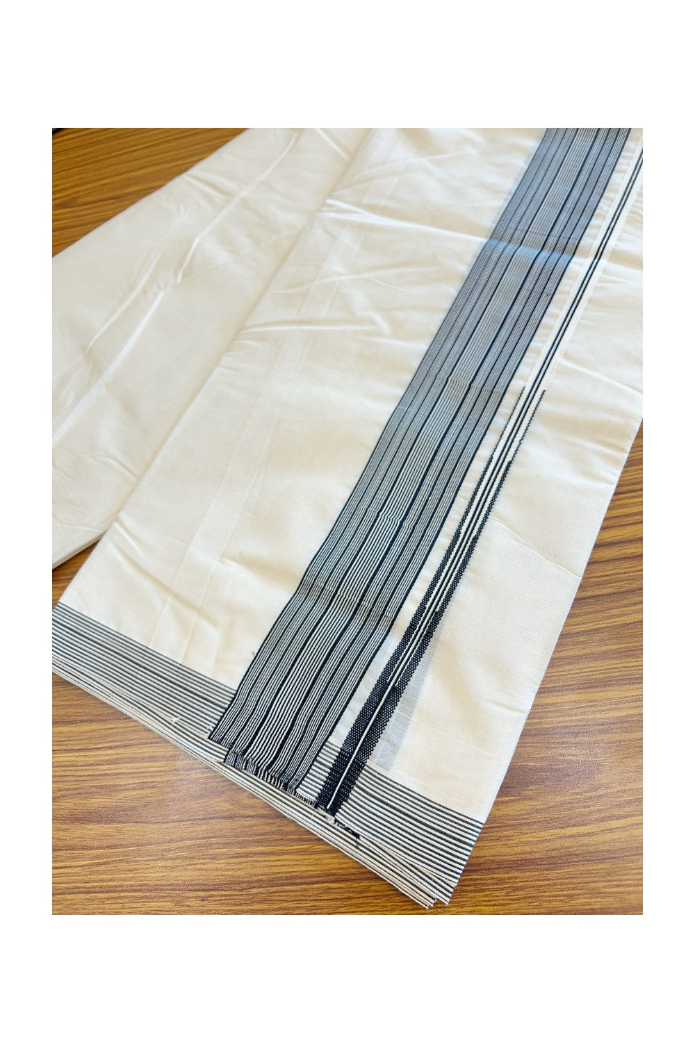 25% DISCOUNT ! KaithariKada Balaramapuram 100%  Cotton Double Off white (Unbleached) Mundu/Dhoti - 100X100 - Puliyilakkara chutty 2.25 Inch Black & White striped kara - 2KK5126ASH