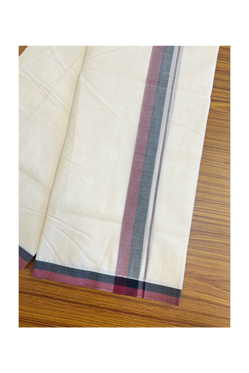 DMK Veshti - 13% DISCOUNT! KaithariKada 100% Cotton off white Double - (Unbleached) Mundu/Dhoti - 100X100 - 2.25 inch Black & Maroon shaded kara - 2KK5133ASH