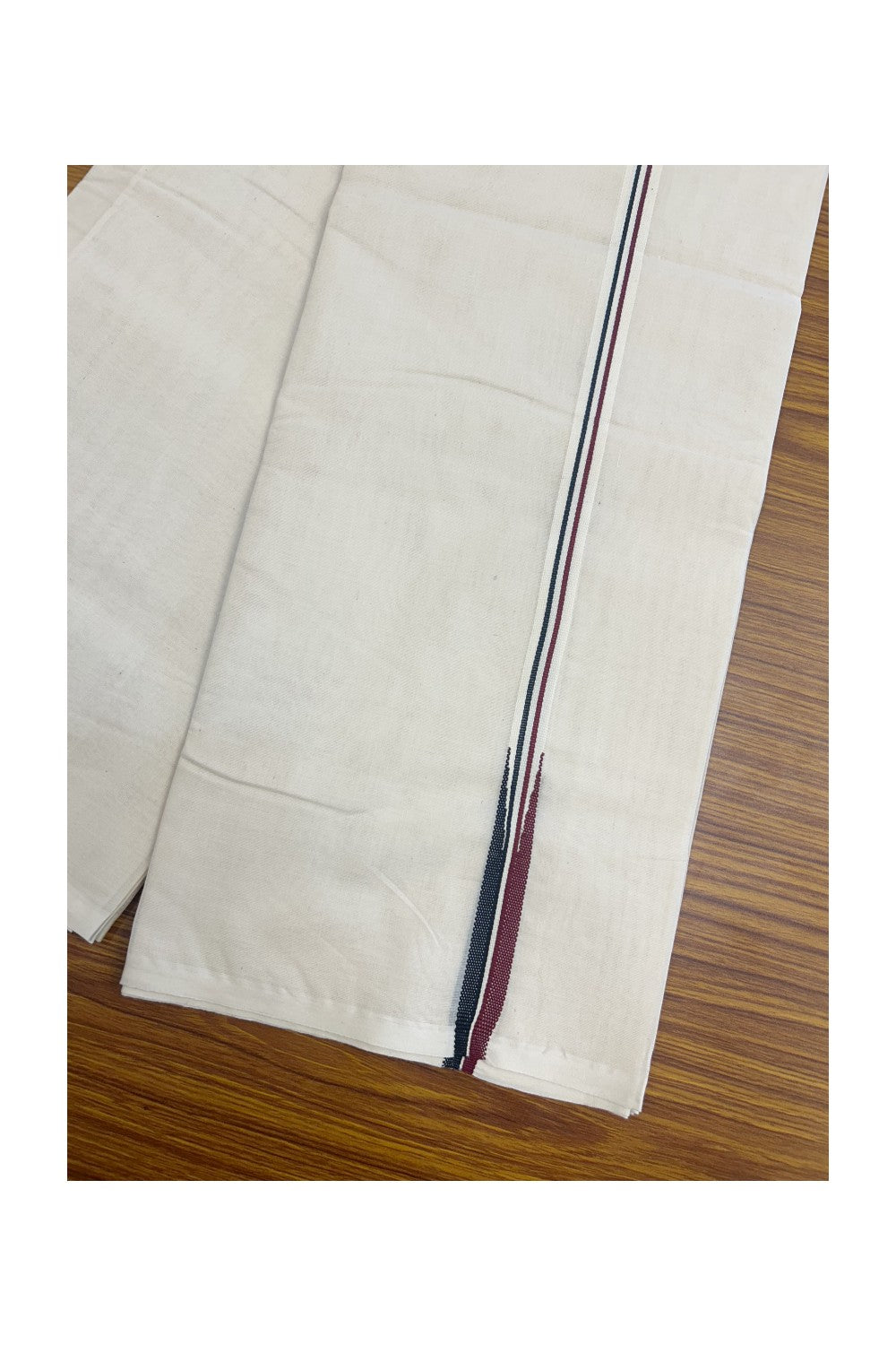 ADMK VESTHI 22% DISCOUNT ! KaithariKada Balaramapuram 100% COTTON DOUBLE OFF WHITE (Unbleached) Mundu/Dhoti-100X100- 0.75 Inch  Puliyilakkara Maroon & Black Chutty Kara - 2KK5140ASH