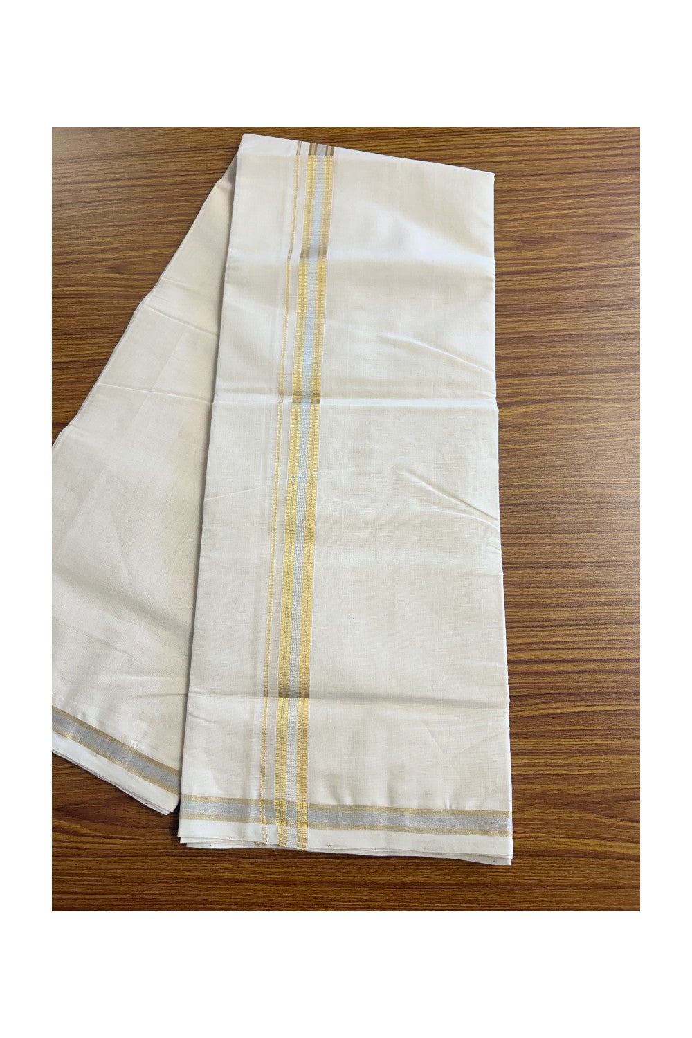 30% DISCOUNT ! KaithariKada HANDLOOM Millpaav Balaramapuram - 100% PURE Cotton Off White - (Unbleached) Double Mundu/Dhoti -& 1.25 inch Gold Kasavu & Silver Kasavu Kara - 2KK5149RAM
