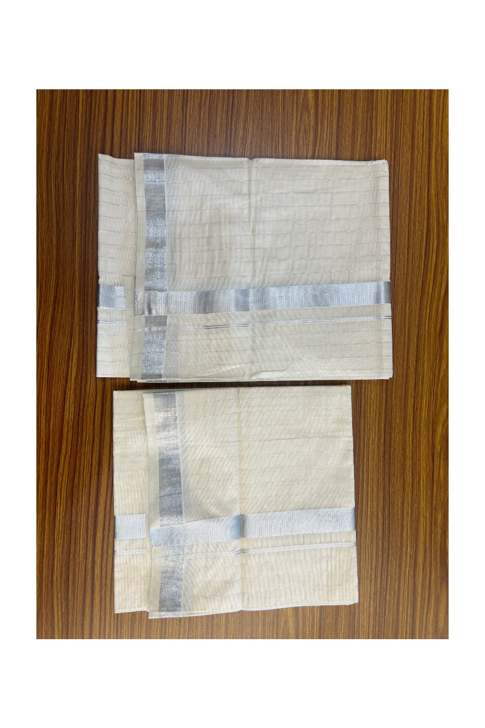 25% Discount!! KaithariKada - Kerala Pure Cotton OFF WHITE Single Set Mundu - EXTRA LENGTH - Stripes Silver Kasavu Kara - 2KK5152PMC