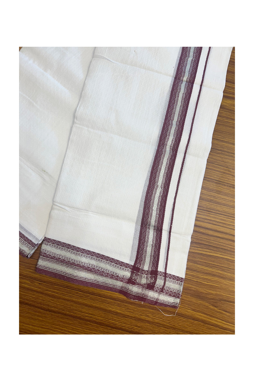 EMBOSSED COTTON 33% DISCOUNT!! Kaitharikada Balaramapuram 100% Cotton PURE WHITE Double Mundu/Dothi - 100X80 - 1.25 Inch Wine Purple Silver striped Kara with embossed design body - 2KK5155THI